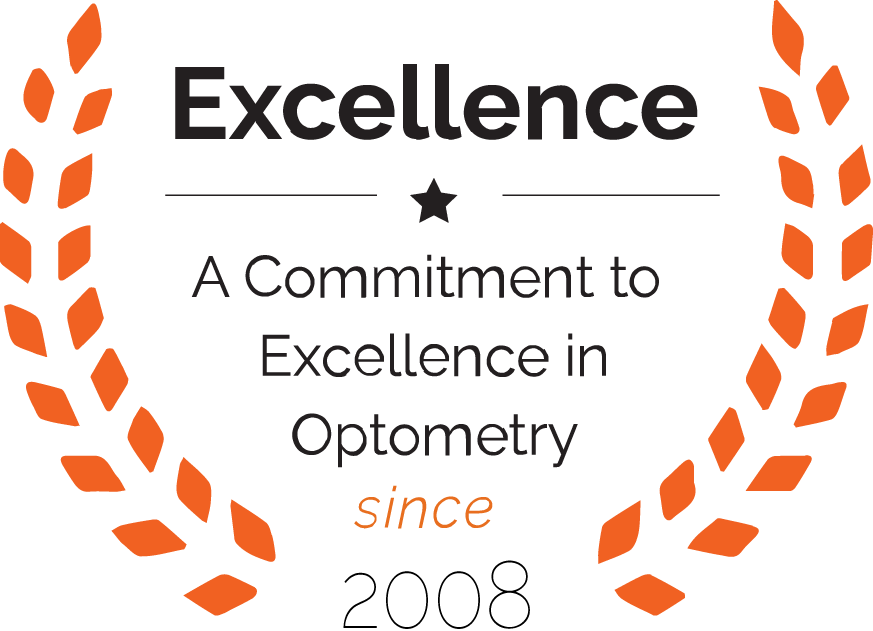 The image features a graphic with text that reads EXCELLENCE at the top, followed by a statement A commitment to excellence in optometry since 1965. Below this, there s an emblem with laurel leaves and the word OPTOMETRY beneath it. The overall style of the image is promotional or informational, likely used for marketing purposes related to optometry services.